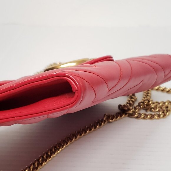 Gucci Marmont Red Chevron Gold Chain Clutch Crossbody Bag 550-100525 - Picture 9 of 16